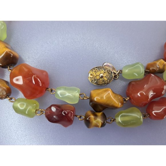 Vintage Signed LES BERNARD   Nat Stone Necklace Tigers Eye Jade Carnelian 36 in - Picture 5 of 9